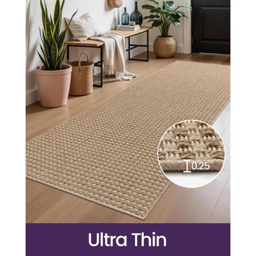 DEXI Hallway Runner Rug 3.3x6.7, Woven Braided Farmhouse Runner Carpet Indoor, Absorbent Thin Long Entryway Runners for Kitchen, Laundry Room, Patio Entrance, Checkered Beige