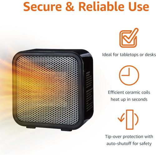 Amazon Basics Ceramic Space Heater, Mini Heater for Office Desk, Portable Tent Heater (Indoor Use), 500 W, With Tip-Over Protection, Lightweight (1.4 LBS), Black, 5.87”D x 3.15”W x 5.95”H