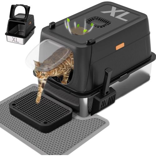 Anywish Stainless Steel Cat Litter Box with Lid, XL Extra Large Enclosed Removable Metal Litter Box with Litter Scoop&Double Layer Litter Mat, Non-Sticky, Non-Odor, Easy Cleaning, for Big Cats, Black