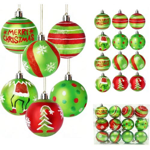 Christma Ornament Set,12 Pcs Christmas Tree Hanging Decorations, 2.36 Inch Green and Red Grinch Christmas Balls, Shatterproof Christmas Ornaments for Xmas Tree, Holiday Party Decor
