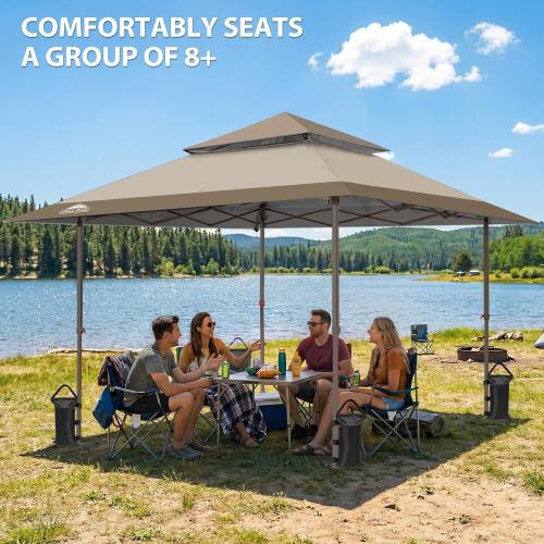 EAGLE PEAK 13x13 Straight Leg Pop Up Canopy Tent Instant Outdoor Canopy Easy Single Person Set up Folding Shelter w/Auto Extending Eaves 169 Square Feet of Shade (Beige)