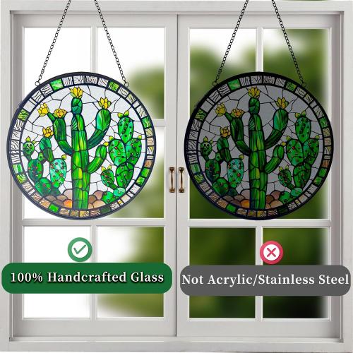 Cactus Decor Suncatcher Indoor/Outdoor Stained Glass Window Hanging - Handmade Stained Glass Suncatchers for Windows Hanging - Outdoor Garden Decor Gift for Women Christmas Thanksgiving Gifts