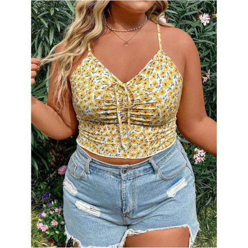 Small Floerns Women's Plus Size Floral Print Camisole Tie Front Summer Crop Cami Top IRIS