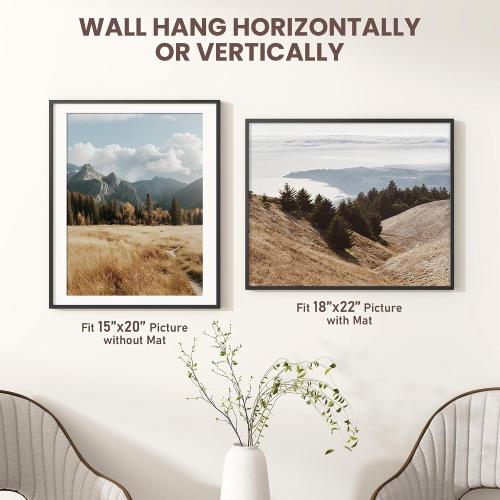 Acovy 18x22 Picture Frame, Aluminum Photo Frame Matted to 15x20, 18 x 22 Poster Frame with High Definition Tempered Glass, Metal Frame for Wall, Wall Hook Included
