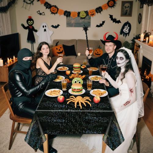 4Pcs Red and Black Holographic Tablecloths Rectangular Black Iridescent Tablecloth Shimmer Metallic Red Table Covers for Halloween Retirement Family Gatherings Christmas Party Supplies, 54 x 108Inch