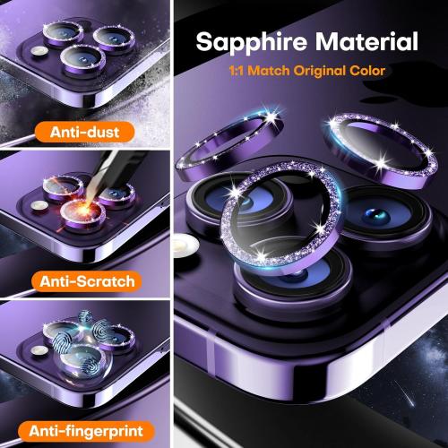 Camera Lens Protector for iPhone 17 Pro Max/17 Pro/16 Pro Max/16 Pro/15 Pro Max/15 Pro/14 Pro Max/14 Pro, Tempered Glass Metal Individual Cover[Anti-drop] Case Friendly-Glitter Deep Purple