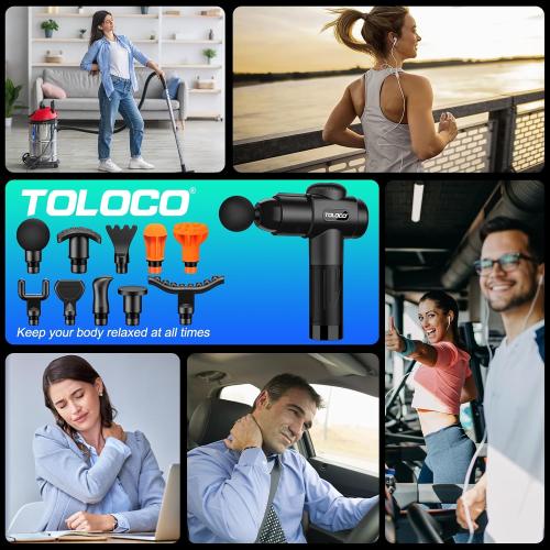 Black TOLOCO Massage Gun, Deep Tissue Back Massage for Athletes for Pain Relief, Percussion Massager with 10 Massages Heads & Silent Brushless Motor, Gifts for Fathers Day, Black