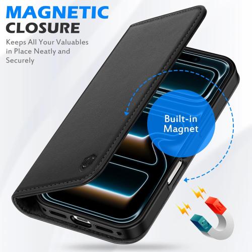 SHIELDON Genuine Leather Wallet Case for iPhone 17 6.3-inch 5G 2025 | Flip Magnetic Cover | Kickstand | RFID Blocking | 3 Credit Card Holder | Shockproof | Soft Inner Phone Case | Black
