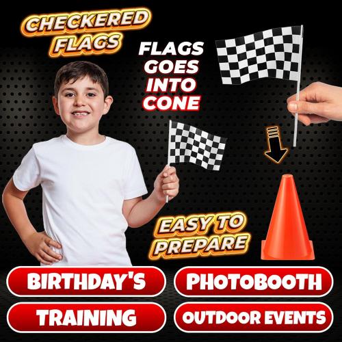 Bedwina Race Car Birthday Party Decorations - (36 Pcs) 12 - 8-Inch Orange Mini Cones for Kids & 24 Black & White Checkered Flags on Sticks - Race Car Themed Birthday Party Decor & Centerpiece Supplies