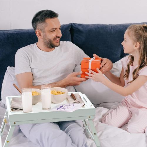 Bed Tray Table for Eating - Bamboo Breakfast Food Table with Phone Tablet Holder - Adjustable Height White Serving Tray with Folding Legs on Lap Sofa - Portable Laptop Snack Platter for Bedroom Picnic