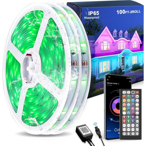 100FT Outdoor LED Strip Lights Waterproof (2 Rolls of 50ft) IP65 Led Strip Lights with Remote, RGB Color Changing Christmas Rope Lights for Outside