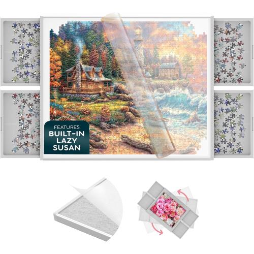 1500 Piece Jigsaw Puzzle Board - 360° Rotating Jigsaw Puzzle Table with Drawers | 35” X 28” Portable & Dual Sided Board | Plastic Cover Included - Puzzles Tables for Adults