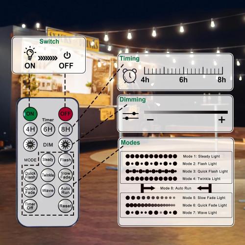 Size 60ft Stright Solar Powered String Light 240FT with Remote Control 8 Light Modes, Weatherproof Shatterproof ST38 LED Bulb, Total 60 Sockets, 1 to 4 Splitter cord String Lights (End to End 60FT, Total 240FT)