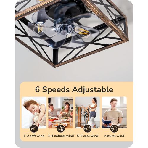 EDISHINE Caged Ceiling Fans with Lights Flush Mount, Rustic Square Low Profile Enclosed Fan Ceiling with Remote, 2/4 H Timer, Reversible 6 Speed, Farmhouse Small Fan for Bedroom, Kitchen, Dining Room