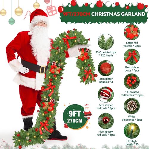 Christmas Garland with Lights, 9FT 30 LED Prelit Christmas Garland with Pinecones, Flowers, Bows, Outdoor Indoor Christmas Decorations Garland Battery Operated with Timer for Stairs,Mantel,Door,Window