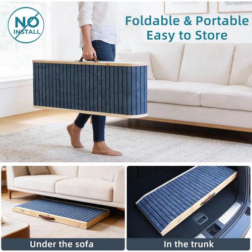 ZJSF Foldable Wooden Dog Ramp for High Bed, Dog Stairs for Small Dogs, High Traction Platform with 6 Adjustable Heights (14-28), 48 L, Supports up to 200 lbs