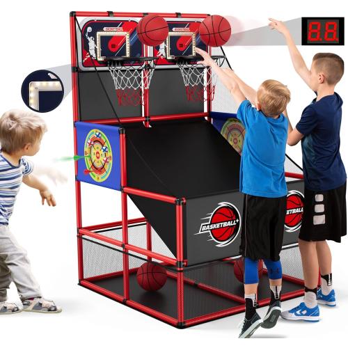 2 in 1 Dual Shot Basketball Arcade Game with 2 Dart Boards/Electronic Scoreboard/LED Light, Kids Basketball Hoop for Home Indoor Outdoor, Sport Toys Gifts for Boys Girls