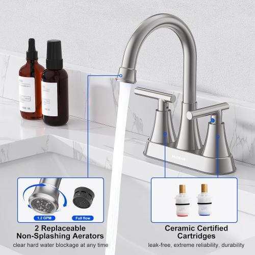 Color Silver Bathroom Faucets for Sink 3 Hole, Hurran 4 inch Brushed Nickel Bathroom Sink Faucet with Pop-up Drain and Supply Lines, Stainless Steel Centerset Faucets for Sink Vanity RV