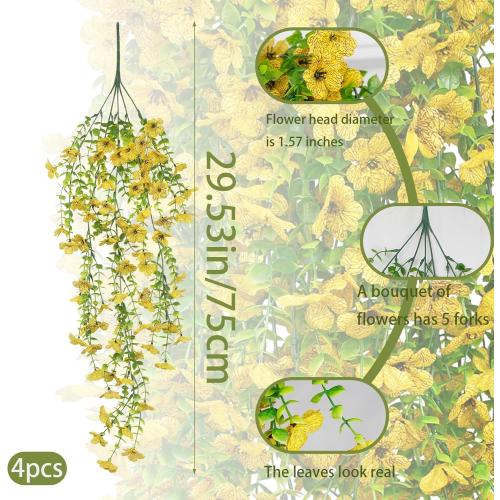 4 Pcs Artificial Hanging Flowers for Outdoors Spring Summer Yellow Faux Silk Daisy Flowers UV Resistant Realistic Fake Hanging Plants for Outside Home Indoor Planter Porch Garden Yard Decor
