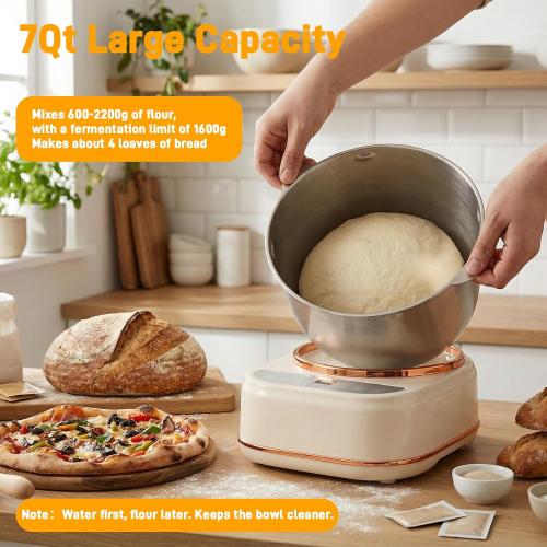7.4QT Electric Dough Mixer with Ferment Function, Large Capacity Dough Maker Machine, 304 Stainless Steel Bowl,Face-Up Touch Panel, Timer Control, Commercial & Household Bread Mixer for Pizza