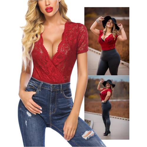 Size M Avidlove Women Lace Bodysuit Lingerie Tops Sexy Deep V Bodysuit Tops One Piece Body Suit Short Sleeve