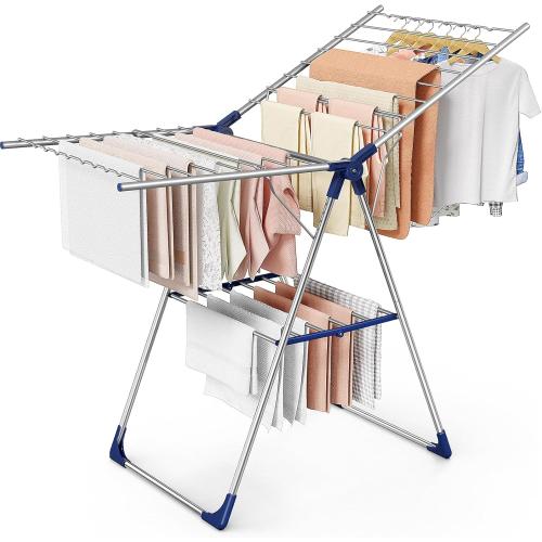 Sakugi Clothes Drying Rack with Height-Adjustable Wings, Metal Foldable Laundry Dryer Stand for Clothing & Bedding, Free-Standing Collapsible for Indoor & Outdoor Use, 55.5 L × 22.8 W, Silver Blue