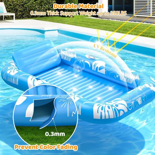 Inflatable Tanning Pool Lounger Float with Sprinkler, 77 x 48 Pool Floats Adult with Pillow, 6 in 1 Suntan Tub Raft Floatie with Drink Holder Sunbathing Water Lounge