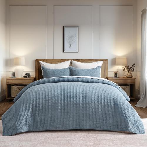 EVERGRACE x Kinsey Walsh Cross Stitch Pre-Washed Cotton Quilt Bedding Set Queen Size, Oversized 3 Pieces Lightweight Bedspread Coverlet for All Season, with 2 Matching Shams, Dusty Blue, 92x96