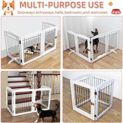 ZJSF White Freestanding Foldable Dog Gate with Door Walk-Through, 4 Panels Tall, 32-Inch H, Iron, Latch