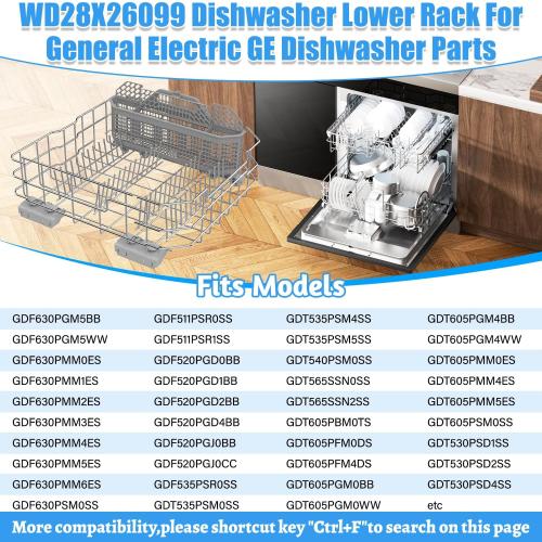 UPGRADED WD28X26099 Dishwasher Lower Rack Compatible with GE Dishwasher Rack Replacement,WD28X34744 WD28X10346 Ge Bottom Rack Parts GDT535PSM0SS GDF510PSM0SS GDF630PSM0SS Dishrack With Wheels