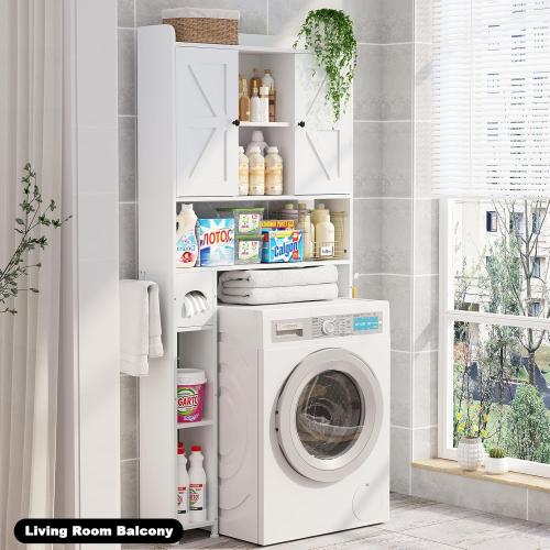 32W Over The Toilet Storage Cabinet with Metal Frame and 7 Storage Shelves, Bathroom Organizer with Adjustable Shelves and Paper Holder, Farmhouse Storage Cabinet for Bathroom, Laundry, White