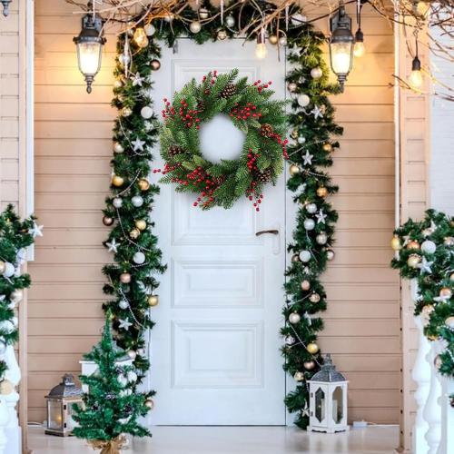 Large Outdoor Christmas Wreath, 24 Inch Christmas Wreaths for Front Door Outside, Farmhouse Indoor Winter Wreath Window, Home Decorations with Pine Cones, Red Berries, Evergreen Leaves