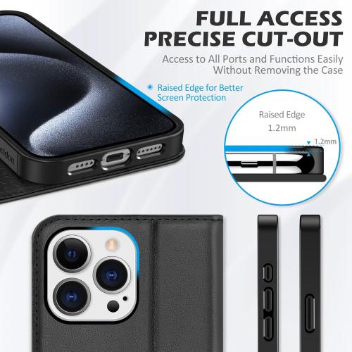 SHIELDON Case for iPhone 15 Pro Max 6.7, Genuine Leather Wallet Folio [Magnetic Closure] [RFID Blocking Card Slot] [Kickstand] Full Protection Case Compatible with iPhone 15 Pro Max 2023 - Black