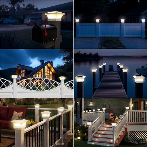 T-SUN Solar Post Cap Lights, Waterproof Outdoor Solar Powered Deck Fence Post Lights for 4 X 4 Wooden/Vinyl Posts, 3000K Warm White Lighting Decor for Deck, Patio, Garden, Porch, Fence(White - 6 Pack)