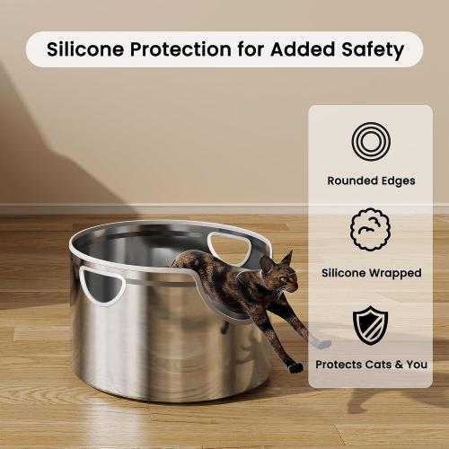 Stainless Steel Litter Box Metal with Integrated Round for XL/XXL Big and Multi Cats, 12 High Wall High Side, Odor Control, Easy to Clean, Durable, Includes Stainless Steel Scoop