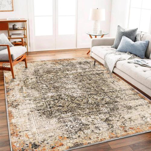 CHAMPLANT Area Rug 9'x12' Washable Vintage Traditional Mat Distressed Indoor Foldable Thin Retro Accent Floral Print Non Slip Carpet for Living Room Dining Room Office Large Rugs