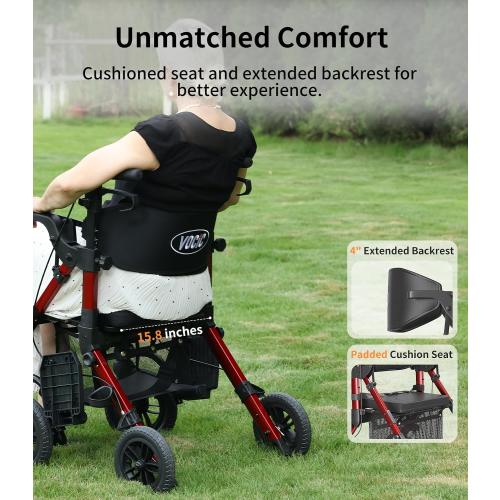VOCIC Z51 Walker for Seniors, 2 in 1 Walker Wheelchair Combo, All Terrain | Foldable Rollator Transport Chair for Adults, Converts to Wheelchair with Detachable Footrests, Brakes&Pouch, Red