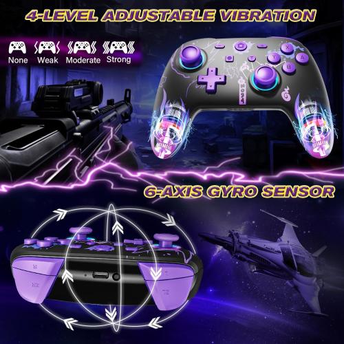 Color Black and purple Controller for Switch/OLED/Lite, Wireless Pro Switch Controller with LED Joystick/Motion/Vibration/Turbo/Wake up