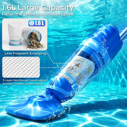 Cordless Pool Vacuum for Inground & Above Ground Pools: 23.8 GPM Powerful Stable Suction, Telescopic Pole up to 90.6, 60-Min Runtime, Extra-Large Filter & Rechargeable Pool Cleaner for Spas/Hot Tubs