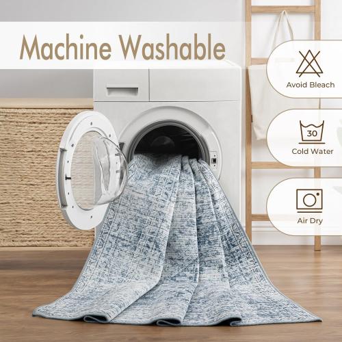 MIULEE 8x10 Vintage Washable Area Rugs Living Room Rug Low Pile Boho Farmhouse Floor Mat for Bedroom Dining Room Under Kitchen Table, Non-Slip Stain Resistant Soft Large Carpet for Home Decor, Blue