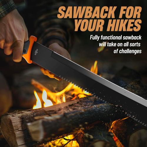 Machete with Saw 25 / 19 Heavy Duty Tool & Sheath - Ergonomic No-Slip Handle - Survival Knife with Serrated Blade - Machetes for Bushcraft Hunting Garden Cutting Trees and Yard Work