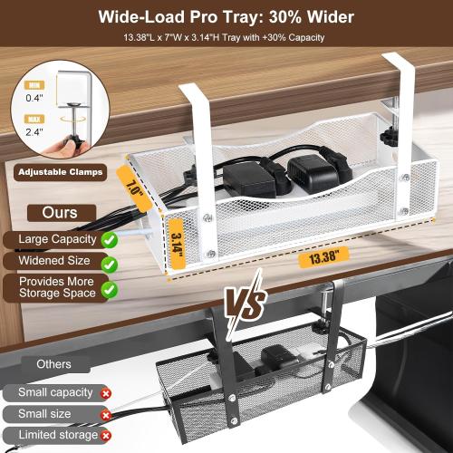 Extra Wide Under Desk Cable Management - No Drill Installation Cable Management Tray, Modern Cord Organizer for Office/Home Desk, Fits Power Strips & Wires((White, XL)