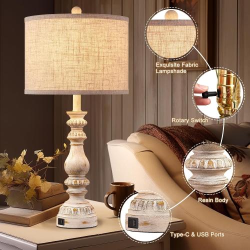 Farmhouse Bedside Lamps Set of 2 Bedroom Lamps for Nightstand with USB A C Ports, 28” Rustic Vintage Table Lamps for Living Room with Rotary Switch - Bulb Not Included