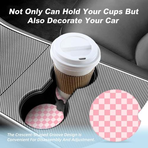 Pink Checkered Car Coasters for Cup Holders,2 Pack Car Cup Holder Coasters for Car,Ceramic Absorbent Car Coaster with A Finger Notch and Cork Base,Car Interior Accessories for Women Men