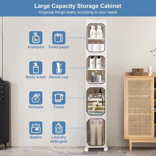 Hobetta 4-Tier 96QT Slim Bathroom Storage Cabinet, Tall Narrow Storage Cabinet with Doors and Adjustable Shelves, Wheels, Stackable & Collapsible Plastic Organizer for Small Spaces, Bathroom, White