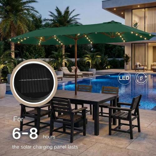 Kingdura 15ft Large Patio Umbrella with Solar Lights, Double-Sided Rectangle Outdoor Table Umbrella with Base Included, 12 Reinforced Ribs, 48 Led Lights, Crank Lift for Market Pool Deck, Dark green