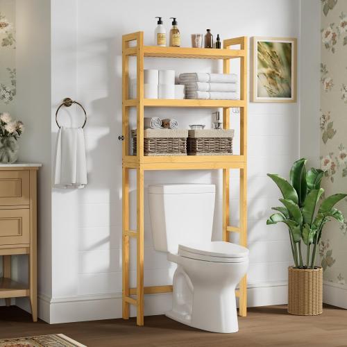 Smiry Over The Toilet Storage Cabinet, 3-Tier Bamboo Bathroom Organizers with Adjustable Shelf & 4 Hooks, Space Saving Shelf Rack for Bathrooms, Laundry Room, Balcony, Natural