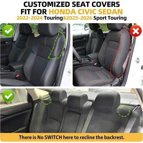 Lolcar Custom Fit Civic Seat Cover Full Set for Honda Civic (Sedan 2022 2023 2024 Touring)&(Sedan 2025-2026 Sport Touring),5-Seats Full Set,Leather Seat Protector (Black)