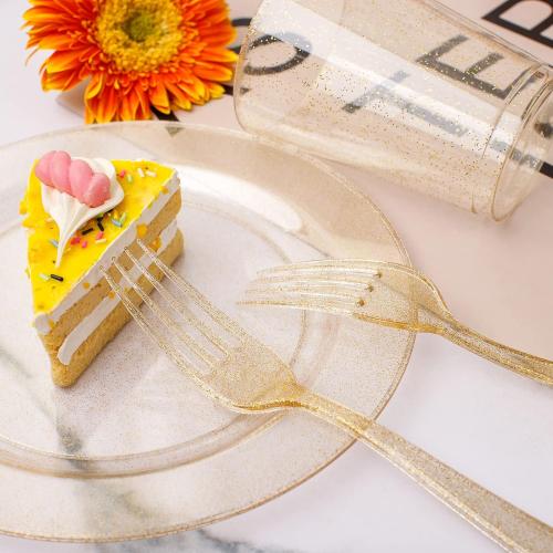 WELLIFE 150-Piece Gold Dessert Plates,Includes 50 Gold Glitter Party Plates,50 Cups & 50 Forks -Plastic Disposable Tableware Set for 50 Guests,Birthday Party,Wedding,Thanksgiving&Fall Decor