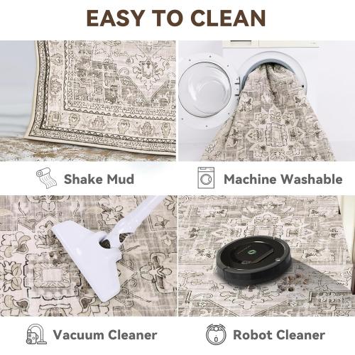 Beige 8x10 Findosom Area Rugs for Living Room, Non-Slip Soft Washable Rug with Vintage Medallion Pattern, Low Pile Faux Wool Large Boho Rugs for Bedroom, Ding Room, Entryway and Home Decor, Beige